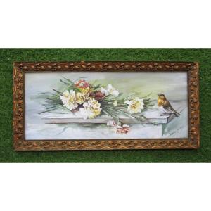 A Beautiful Art Nouveau Painting, Signed, Depicting A Bouquet Of Carnations And A Sparrow, Flowers, And A Bird, 1908