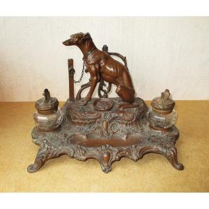 Beautiful Art Nouveau Inkwell Made Of Leaded Glass With A Chocolate-colored Patina, Featuring A Greyhound, Signed A. Bossu.