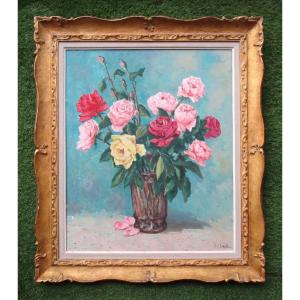 Florent Chadé, grand tableau bouquet de roses, fleurs dans un vase, huile Grenoble, Chamonix.