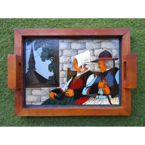 Ancien beau plateau en bois peint signé Paul Fouillen Quimper époque Art Déco tableau breton.