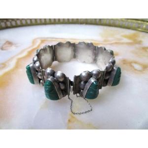 Ancien Bracelet style Art Déco en argent Massif 925 et pierres vertes Mexique 45 grammes.