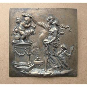 Square Bronze Plaque With A Bas-relief Depicting A Mythological Scene. Allegory Of Love. 19th Century.