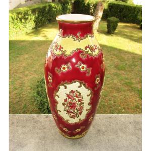 Old Superb Large Vase In Longwy Enamels 33 Cm. Decor Plaisance Creation Of Mp Chevallier.