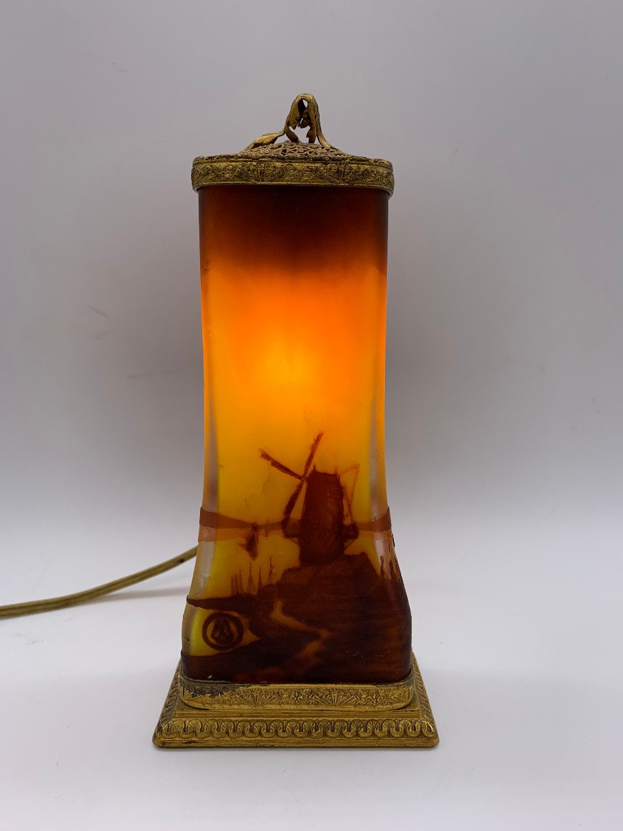 Night Light Decorated With A Flemish Landscape And A Mill, Muller Frères Lunéville