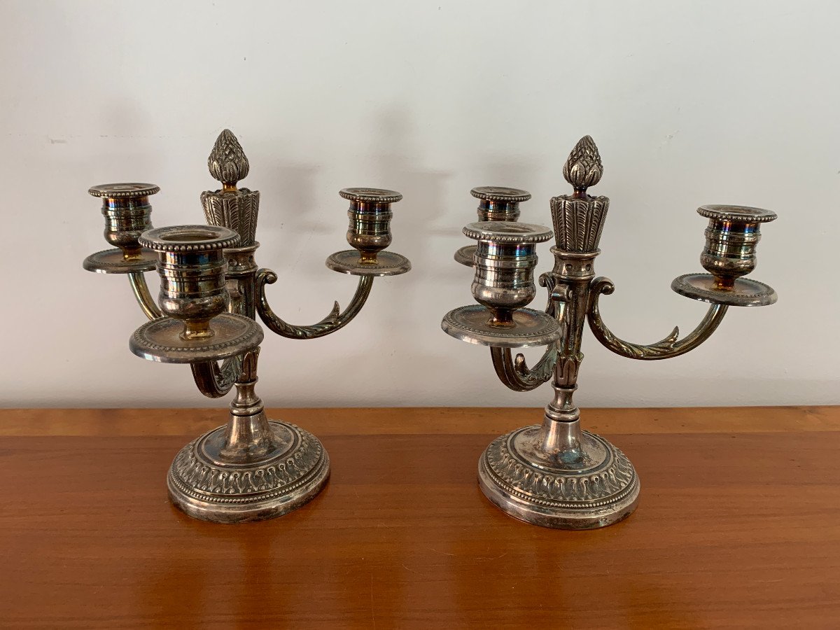 Pair Of Louis XVI Style Silver Metal Candlesticks