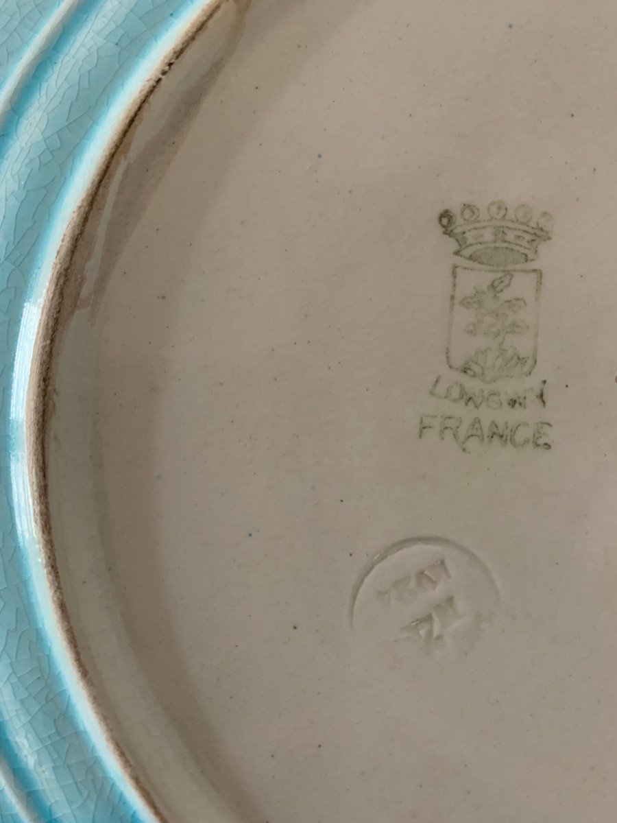 Decorative Plate In De Longwy Enamels, Decoration Of A Lake Landscape And Flowers On A Blue Background-photo-3