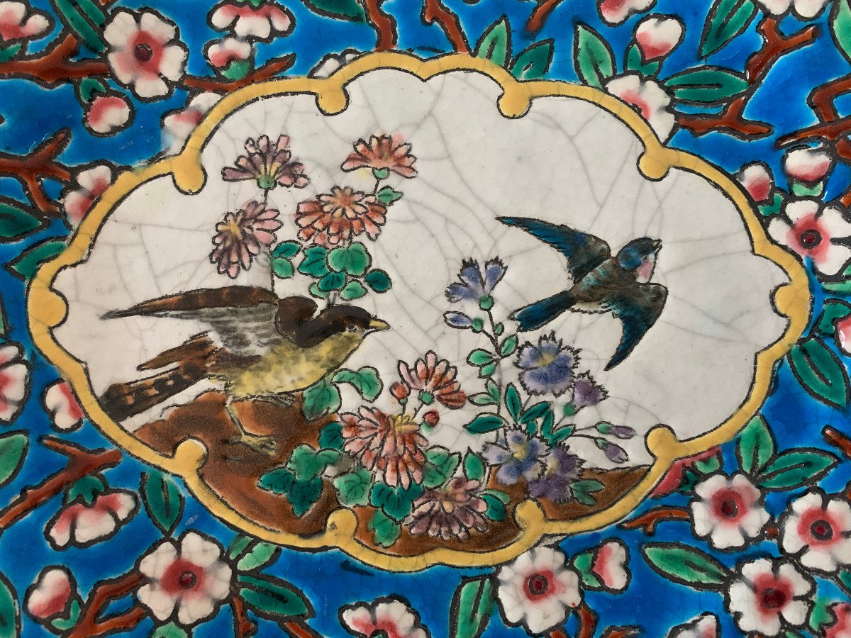 Decorative Plate In De Longwy Enamels, Decoration Of Flowers And Birds-photo-2