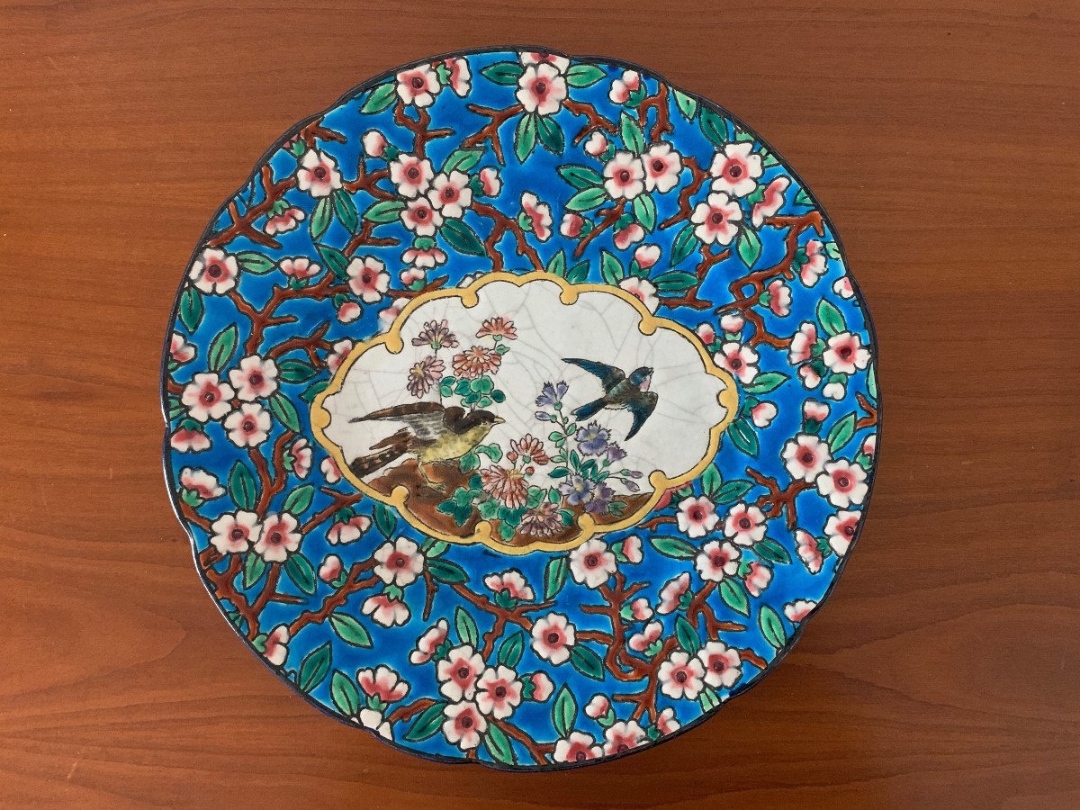 Decorative Plate In De Longwy Enamels, Decoration Of Flowers And Birds