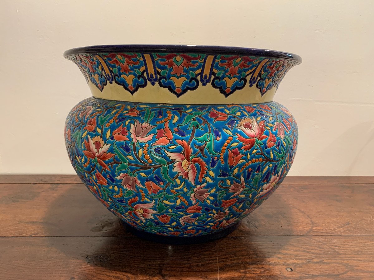émaux De Longwy - Flowerpot In Enamels Encircled On Earthenware Decorated With Flowers-photo-4