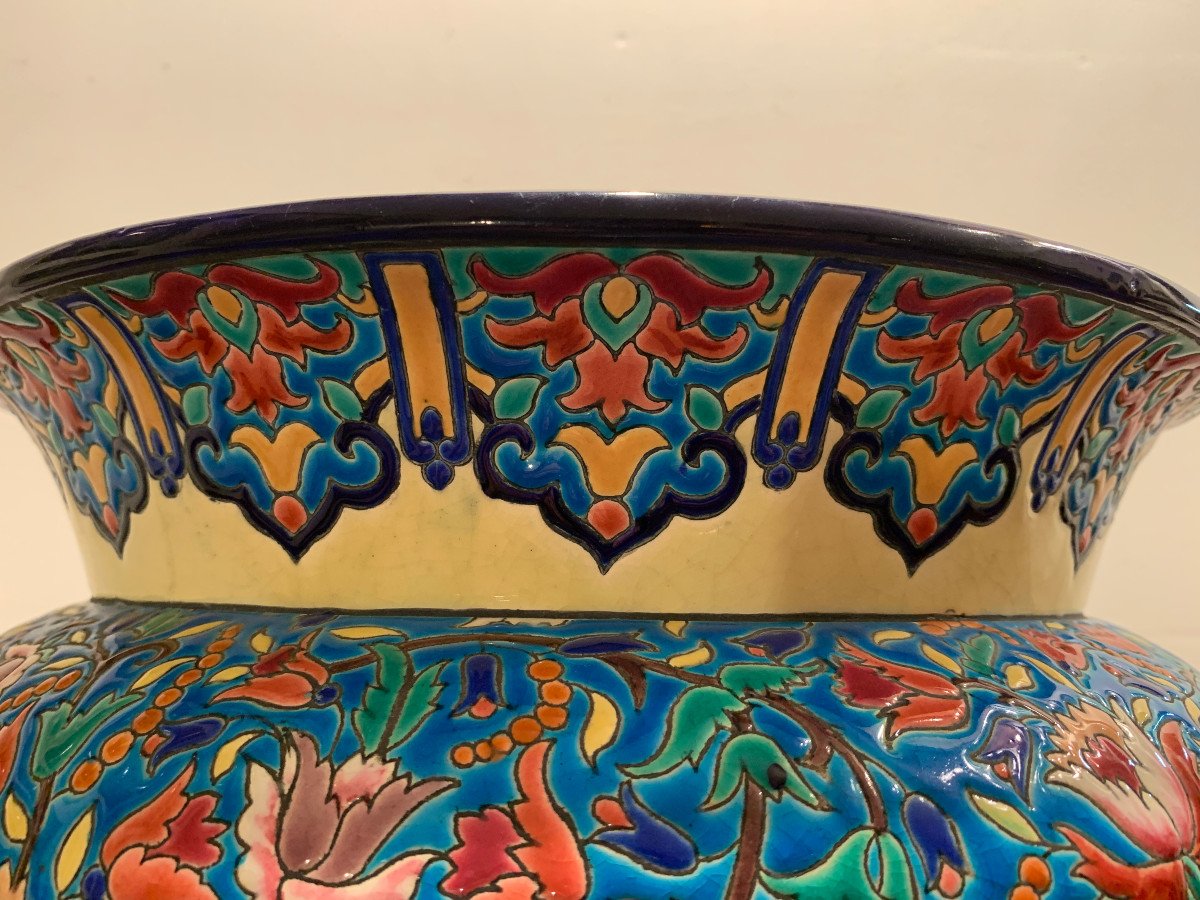 émaux De Longwy - Flowerpot In Enamels Encircled On Earthenware Decorated With Flowers-photo-1