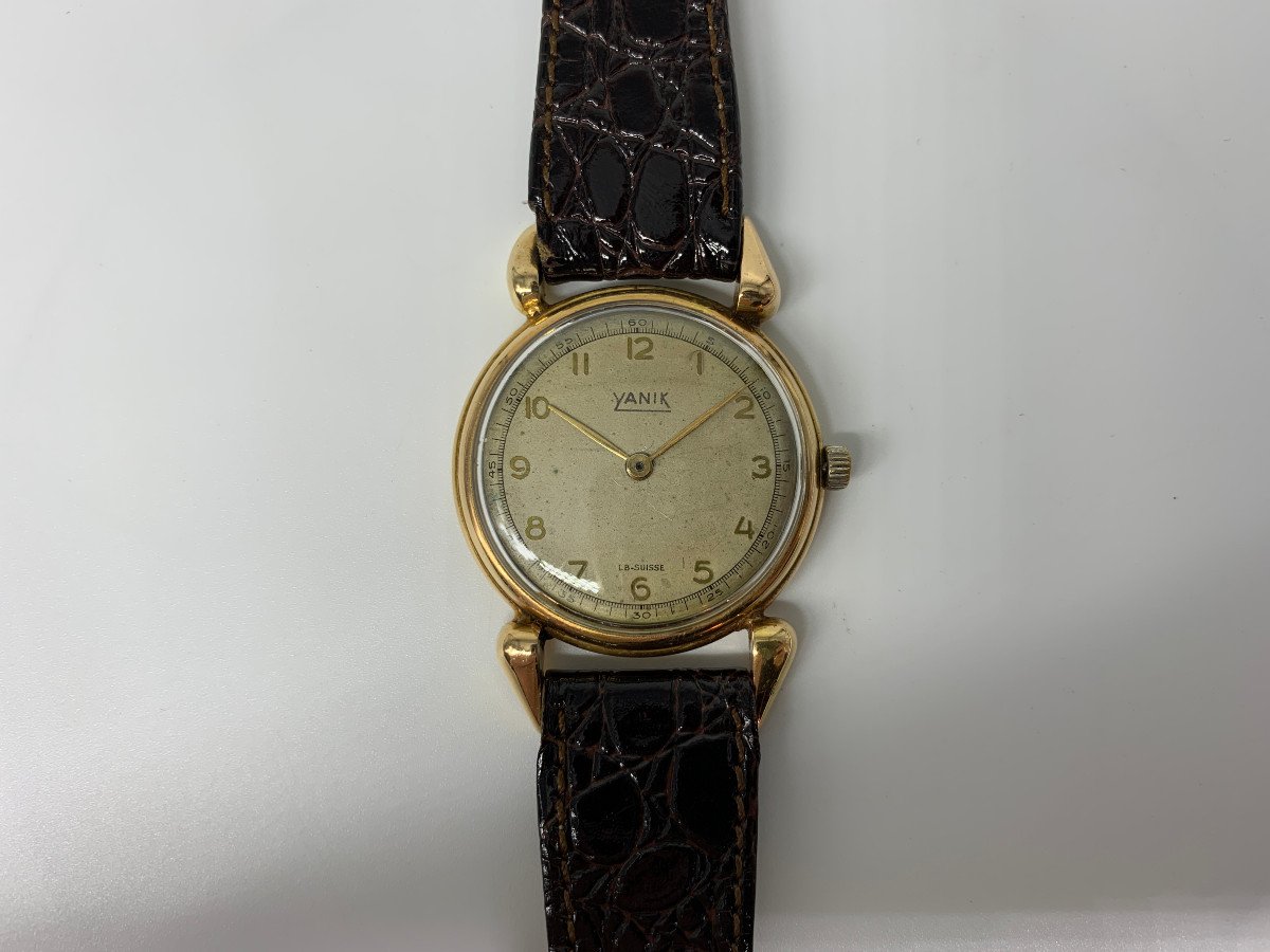 Yanik - Montre mécanique en or jaune 18 carats, bracelet cuir
