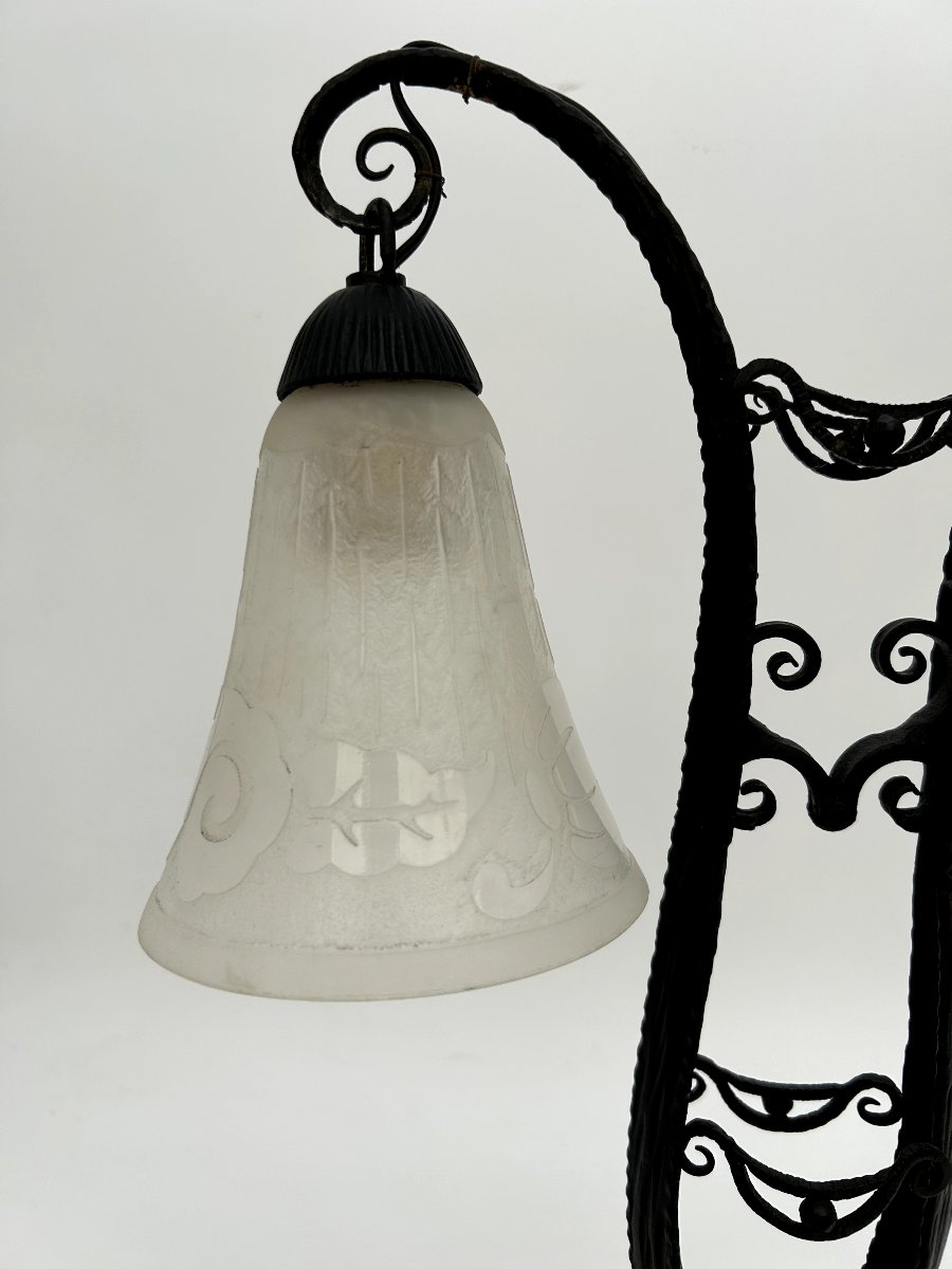 Art Nouveau Double Tulip Lamp Signed Daum Nancy, With A Wrought-iron Base-photo-3
