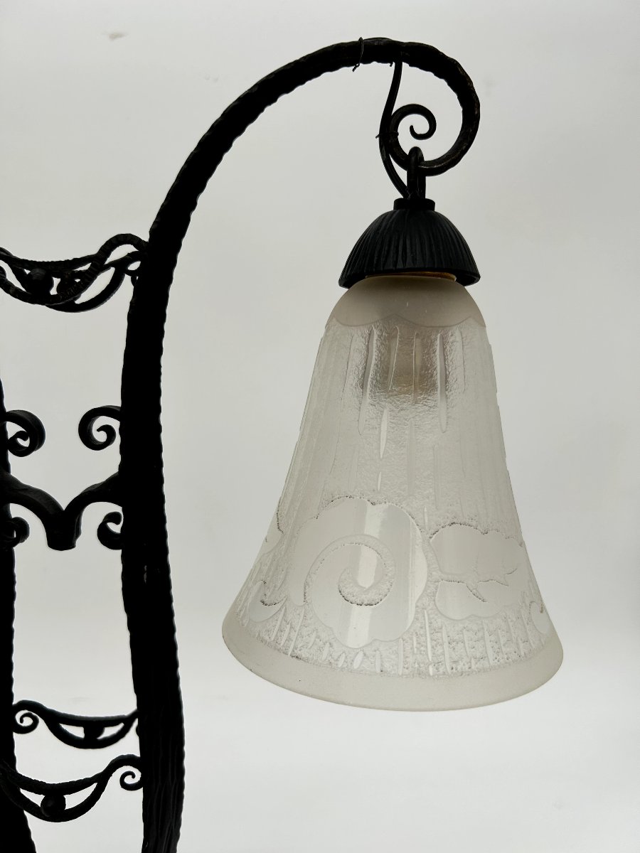 Art Nouveau Double Tulip Lamp Signed Daum Nancy, With A Wrought-iron Base-photo-4