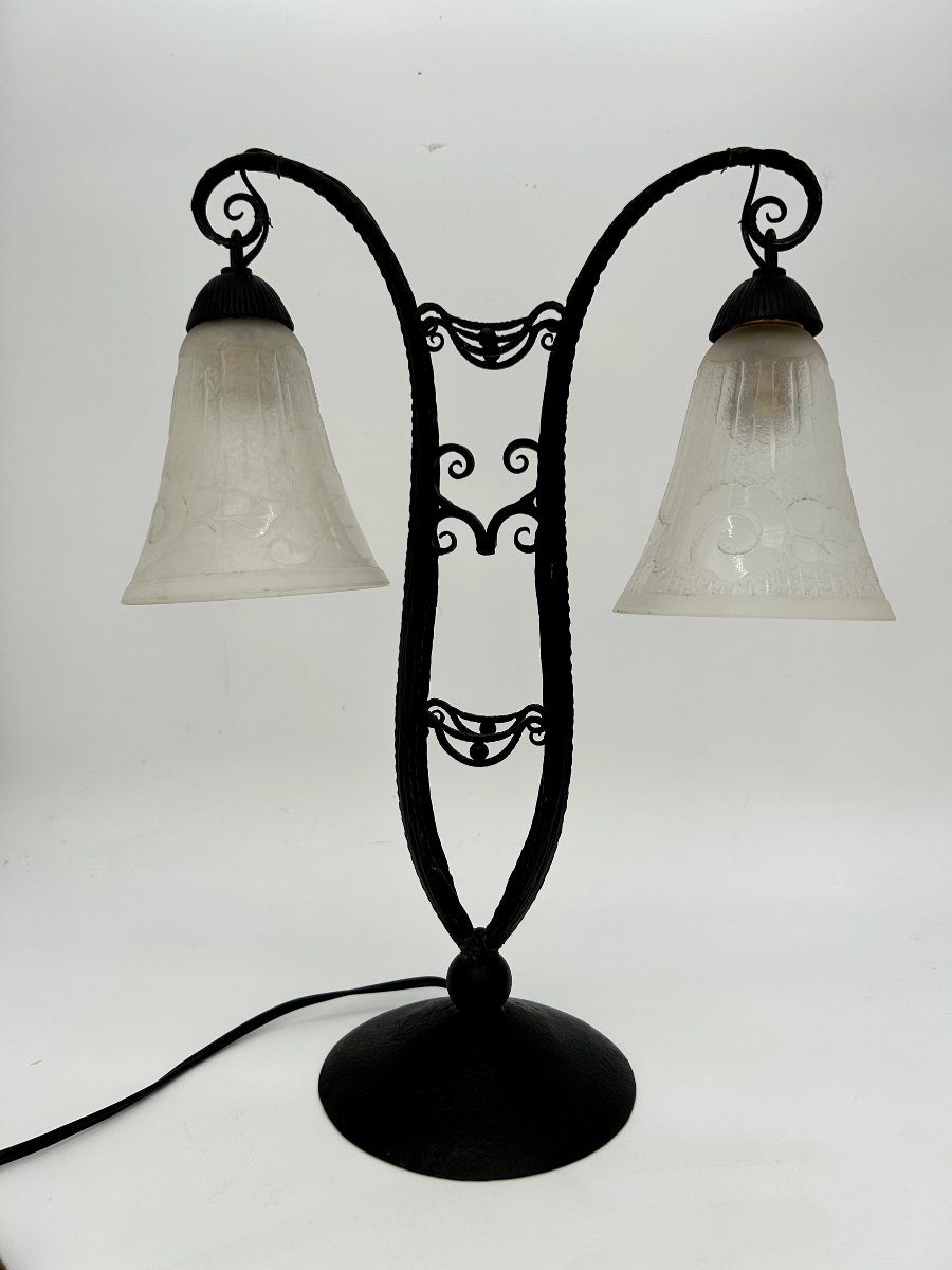 Art Nouveau Double Tulip Lamp Signed Daum Nancy, With A Wrought-iron Base-photo-1