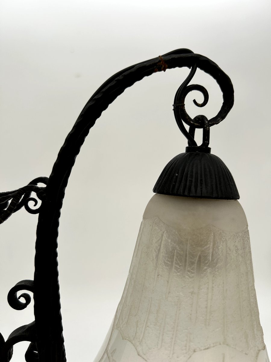 Art Nouveau Double Tulip Lamp Signed Daum Nancy, With A Wrought-iron Base-photo-3