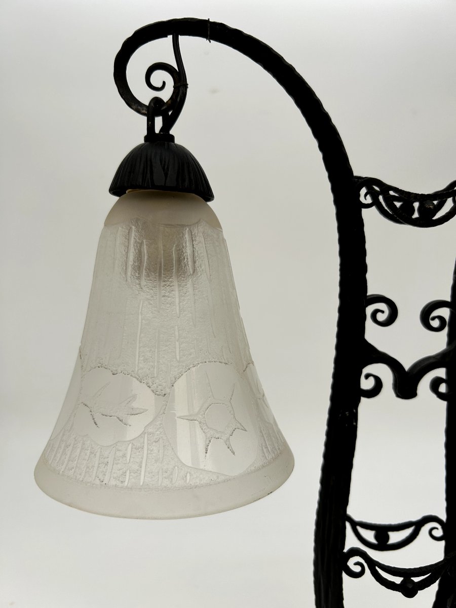 Art Nouveau Double Tulip Lamp Signed Daum Nancy, With A Wrought-iron Base-photo-5