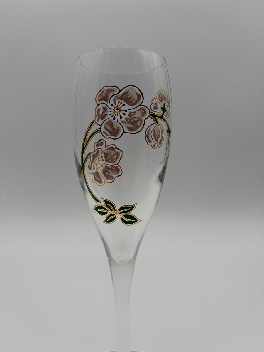 6 flûtes à champagne Perrier-Jouët, décor aux anémones d’après Émile Gallé, Belle Époque-photo-2