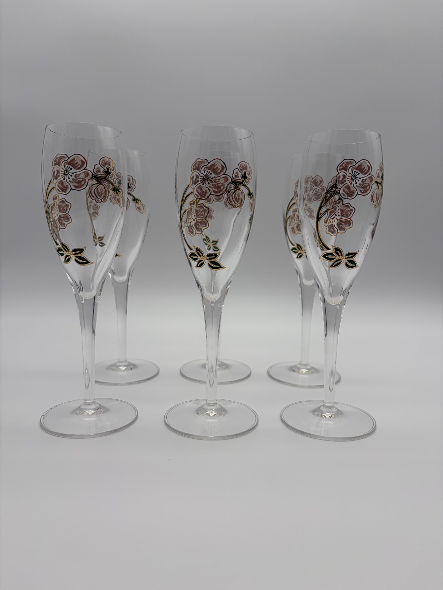6 flûtes à champagne Perrier-Jouët, décor aux anémones d’après Émile Gallé, Belle Époque