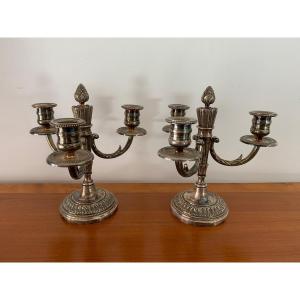 Pair Of Louis XVI Style Silver Metal Candlesticks