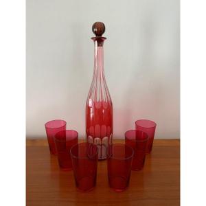 Pink And White Lined Crystal Decanter And Six Glasses