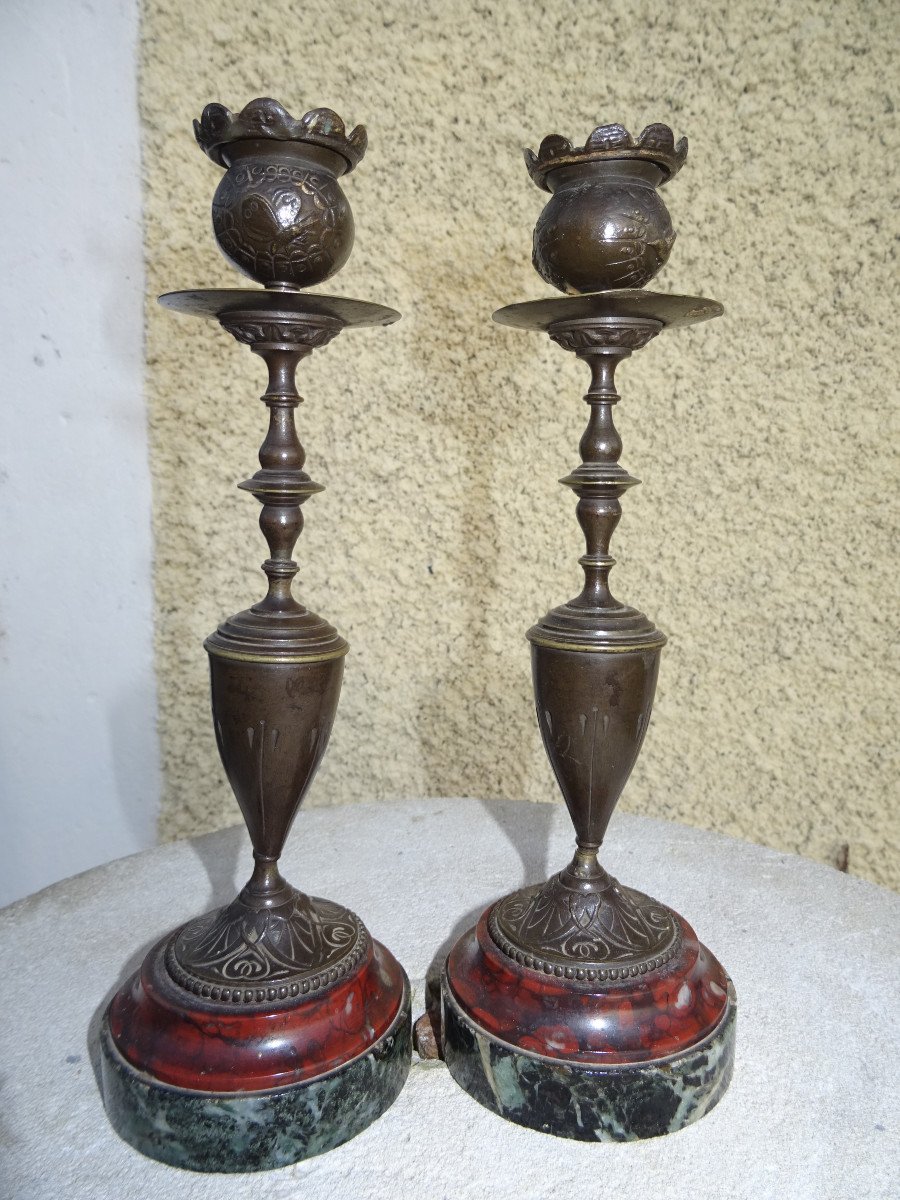 Pair Of Candlesticks In Bronze And Marble Base-photo-3