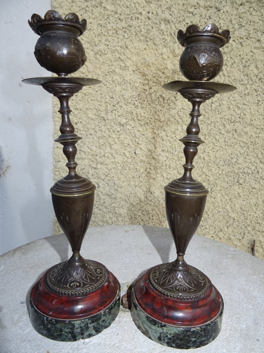 Paire De Bougeoirs En Bronze Et Base Marbre-photo-4