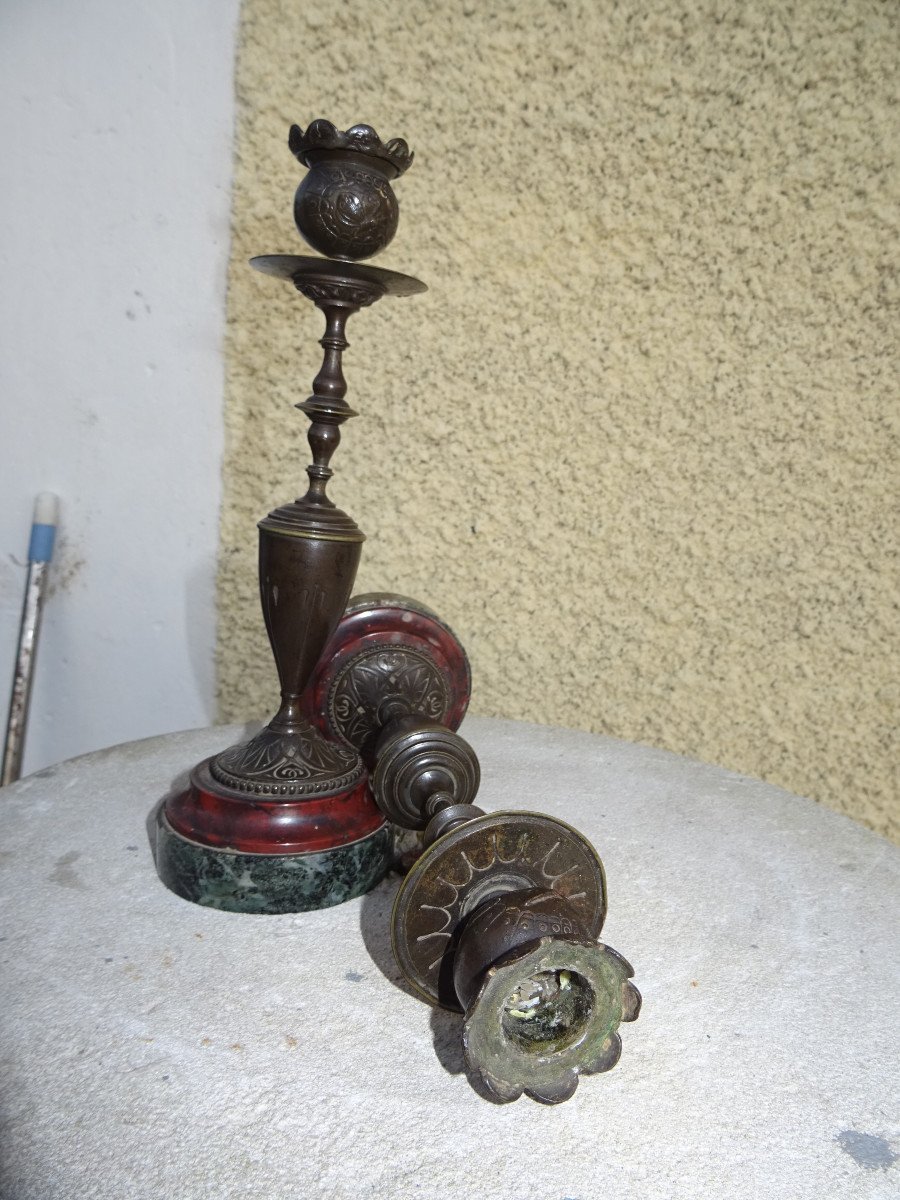 Pair Of Candlesticks In Bronze And Marble Base-photo-1