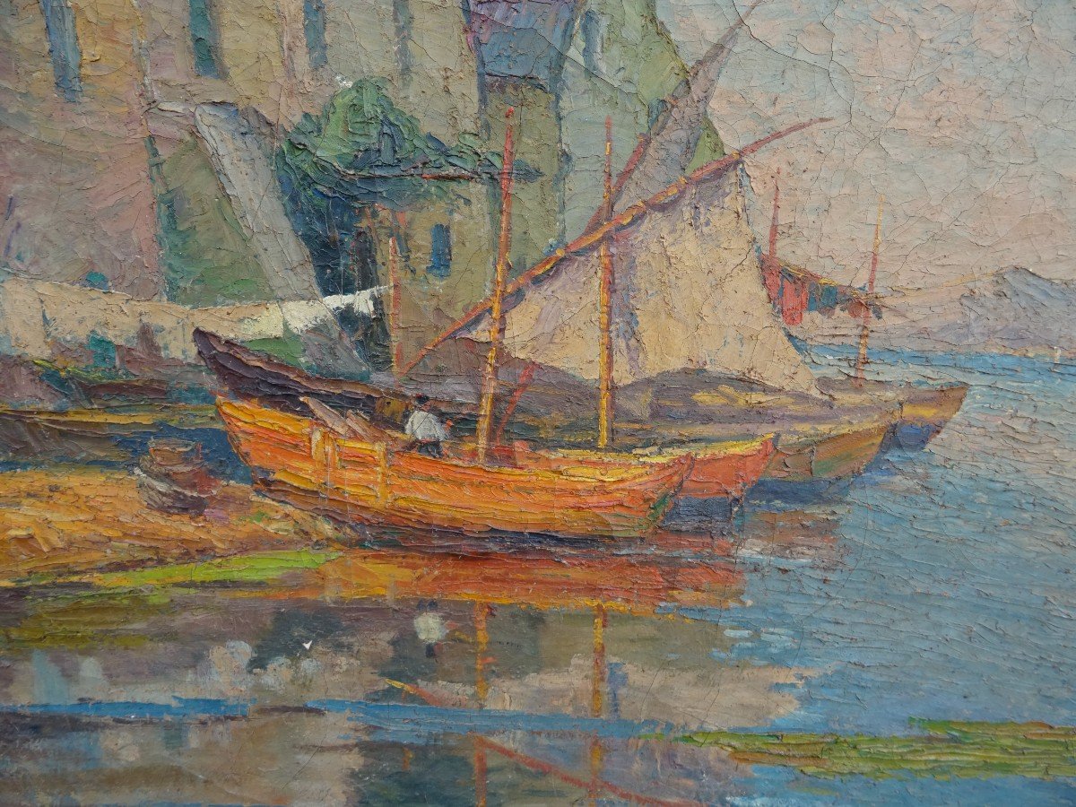 Huile Sur Toile  Petit Port Méditerranéen Signé De Poissonnié-photo-4