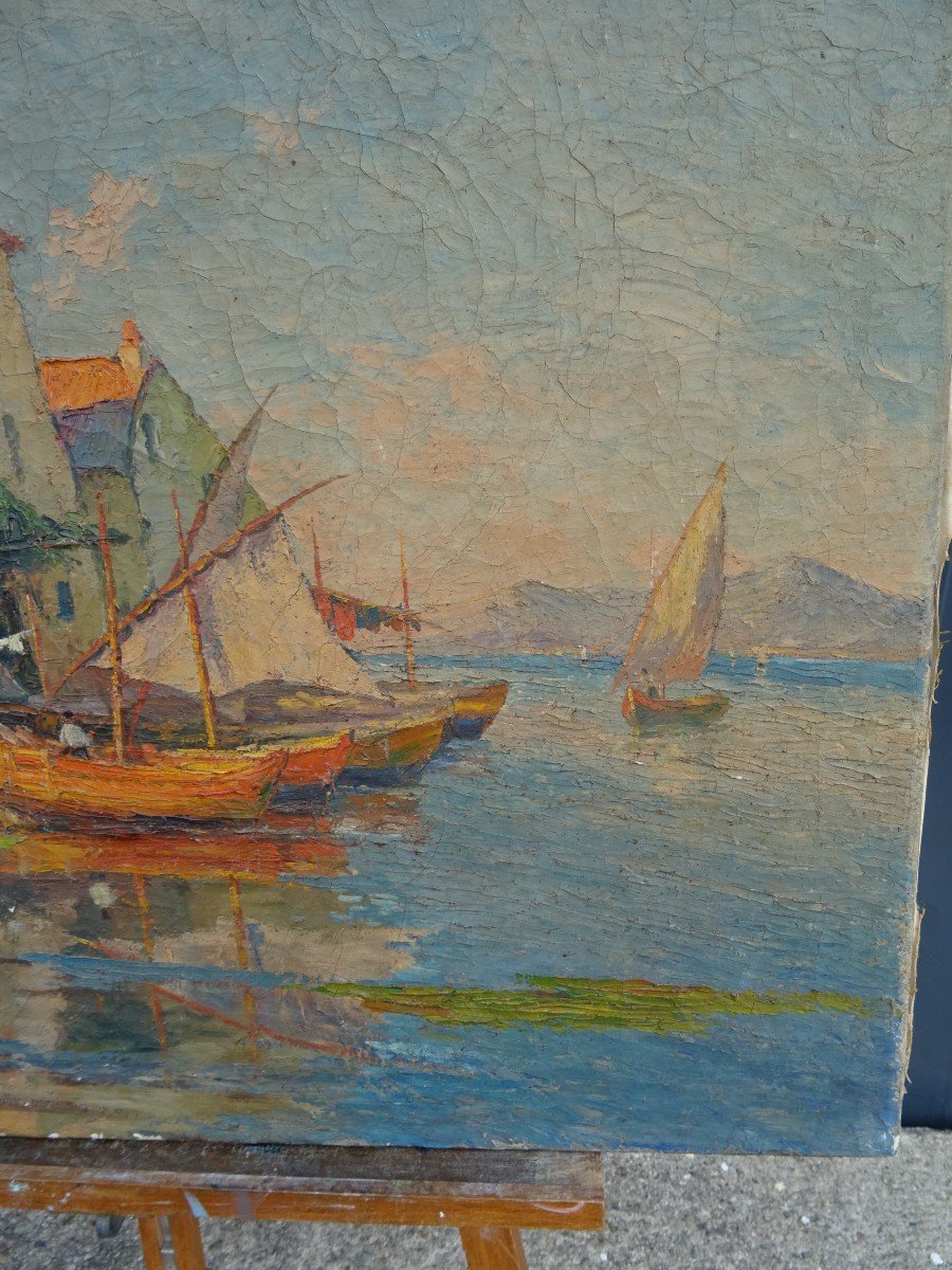 Huile Sur Toile  Petit Port Méditerranéen Signé De Poissonnié-photo-1