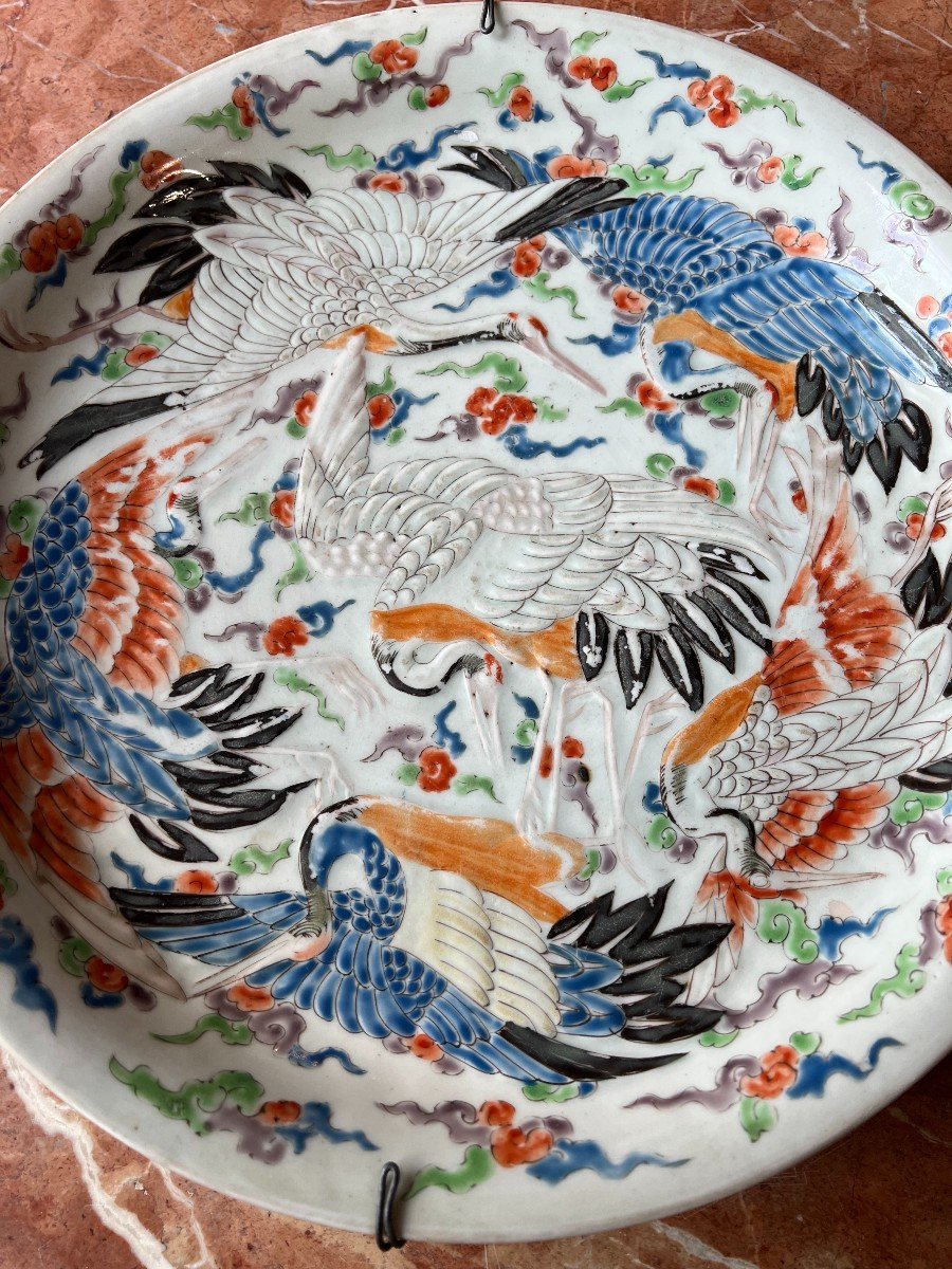 Japanese Dish, Polychrome Decor With Cranes-photo-3