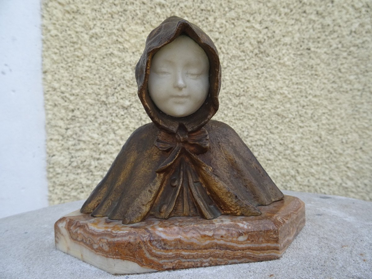 Sculpture Bronze Et Albâtre Buste d'Enfant à La Cape-photo-3