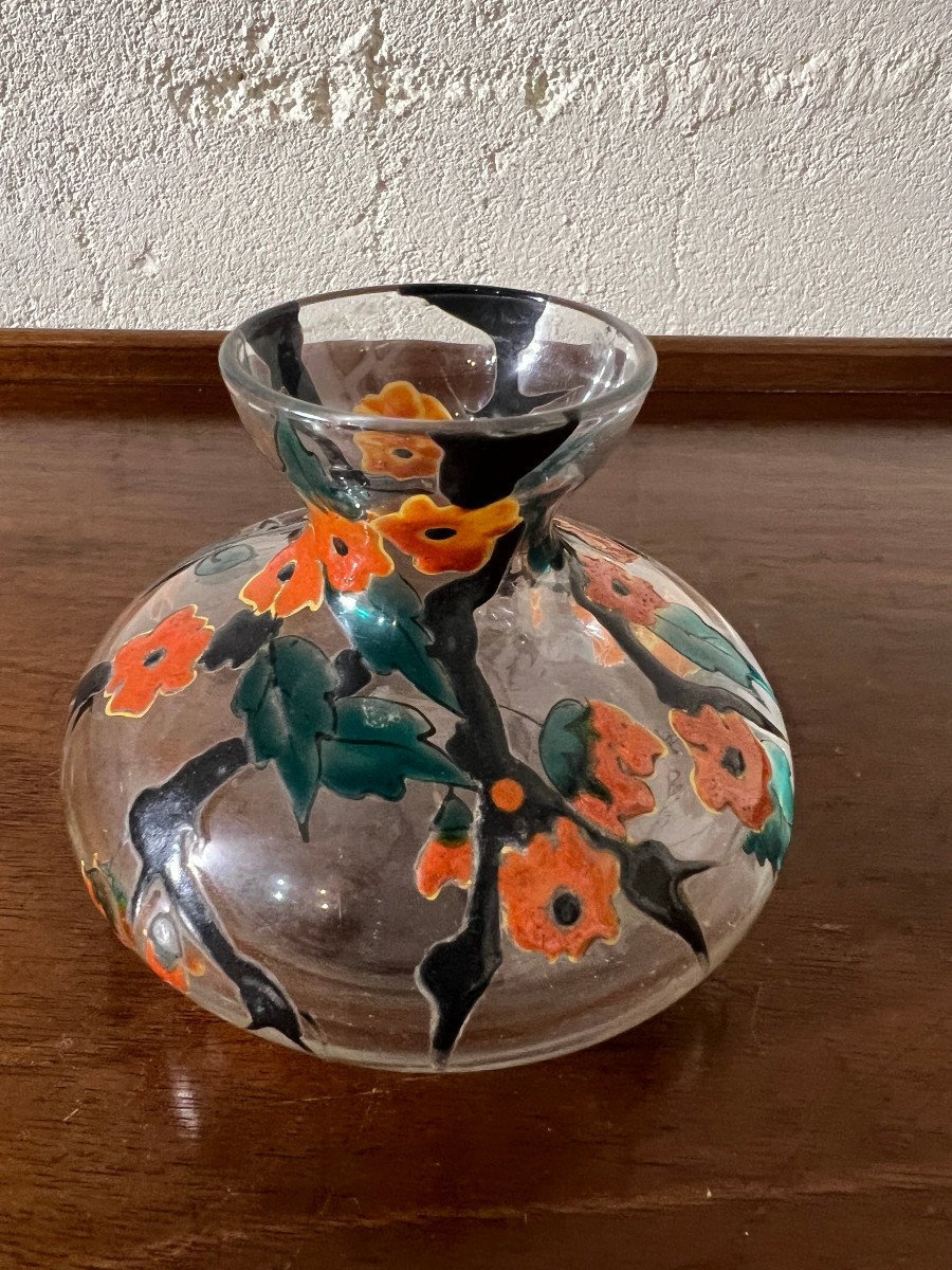 Enameled Glass Vase, Polychrome Floral Decor, Signed Mazoyer-photo-1