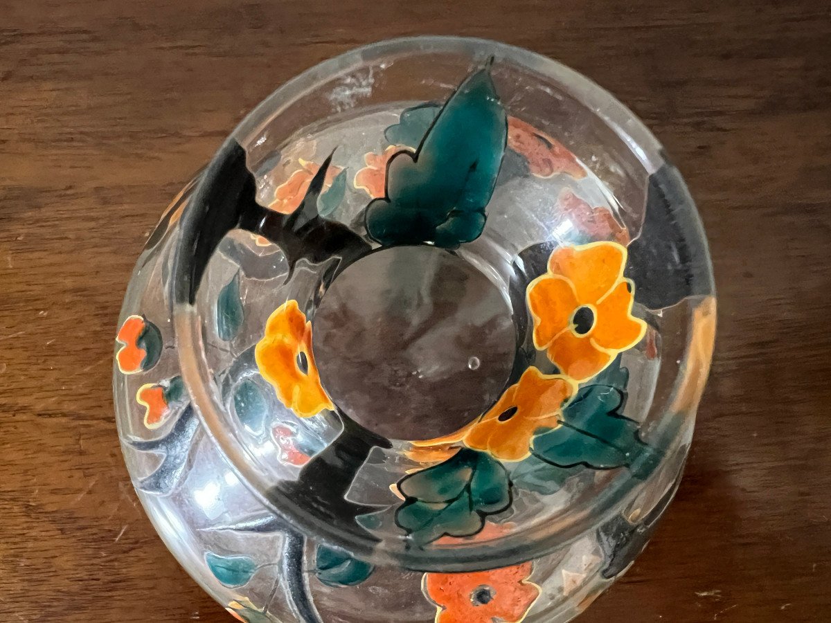 Enameled Glass Vase, Polychrome Floral Decor, Signed Mazoyer-photo-6