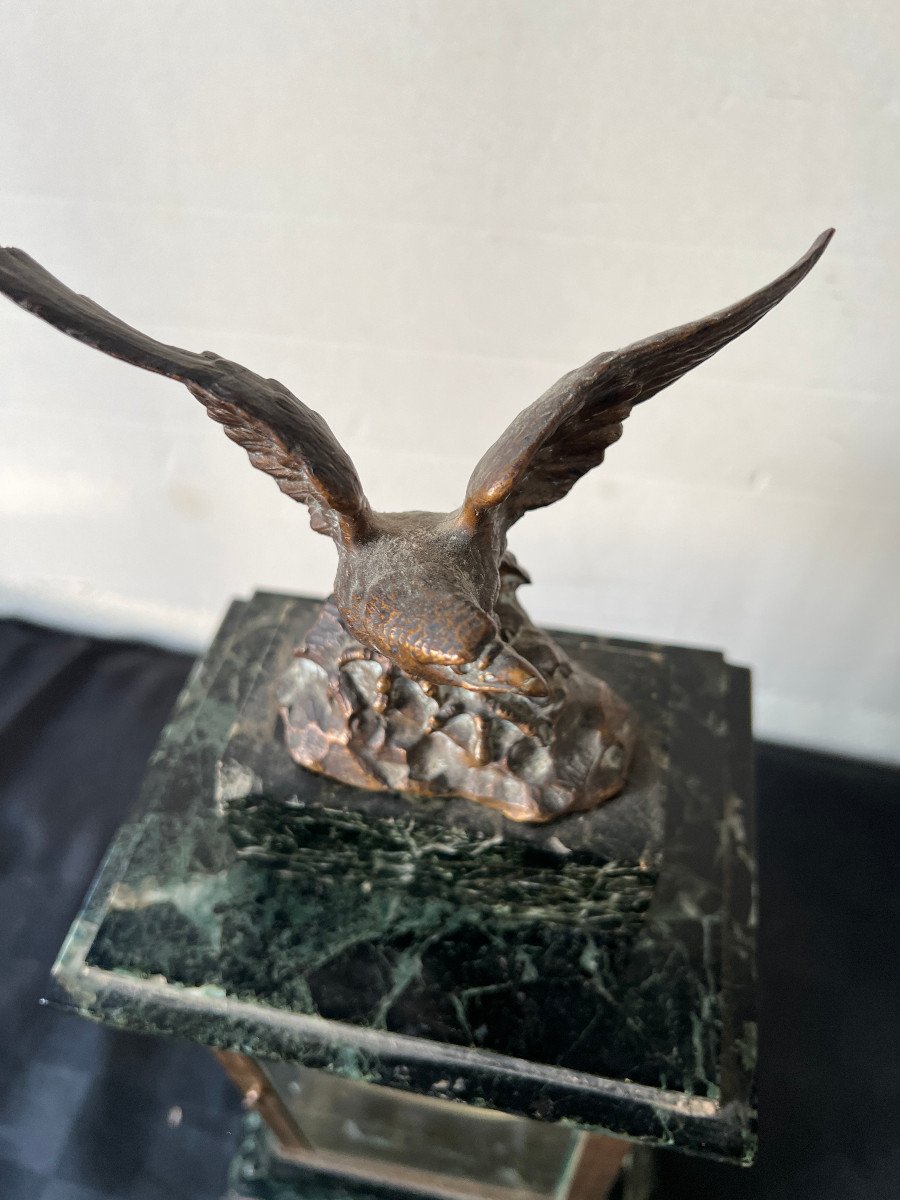 Pendule Cage En Bronze Et Marbre Vert d'Eau , Surmontée d'Un Aigle Empire-photo-2