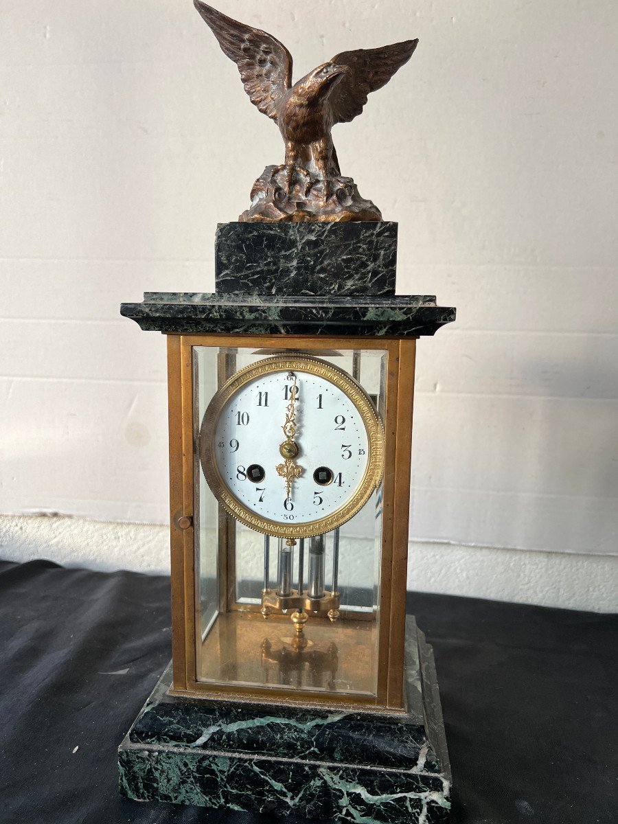 Cage Clock In Bronze And Water Green Marble, Topped With An Empire Eagle