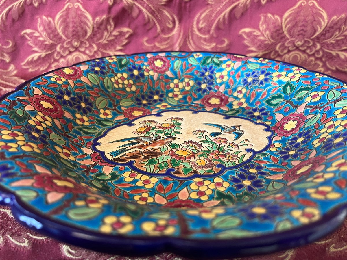 Plat Creux Aux émaux De Longwy Thème Floral Et Oiseaux-photo-1