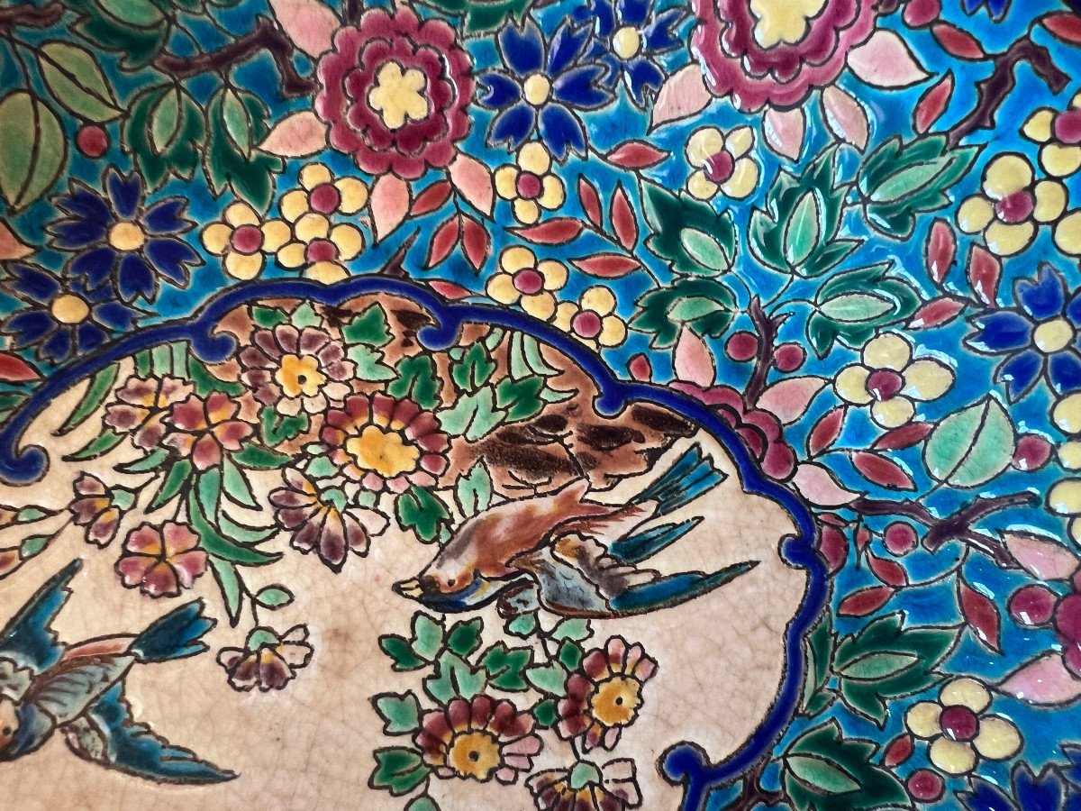 Plat Creux Aux émaux De Longwy Thème Floral Et Oiseaux-photo-4