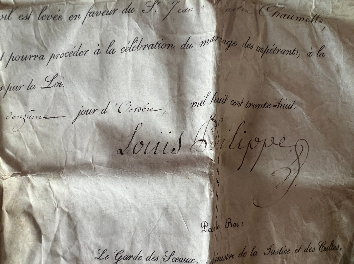 Louis Philippe , Dispense d'Alliance De Jm Chaumette Et M Serre Le 12 Octobre 1838-photo-2