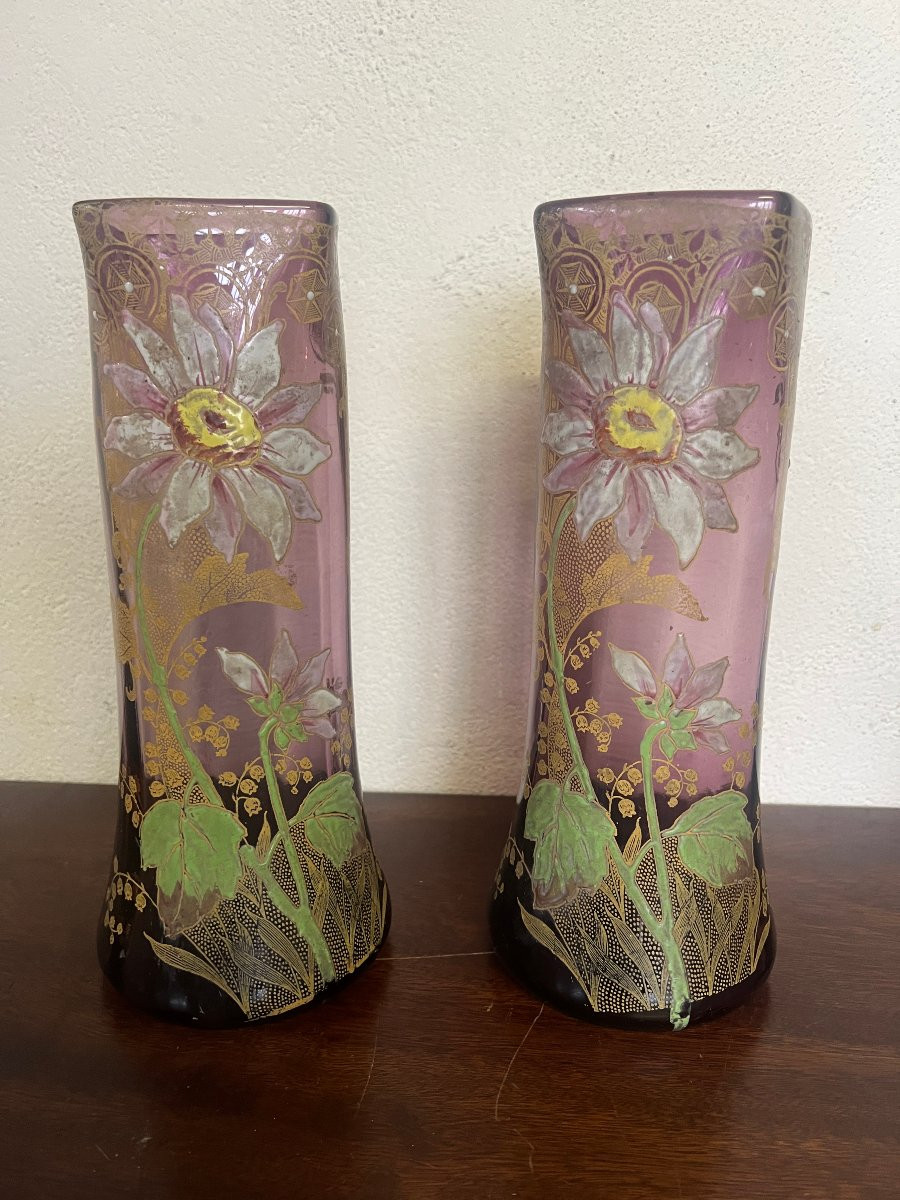 Legras. Paire De Vases émaillés Aux Narcisses Sur Fond Violet.-photo-8