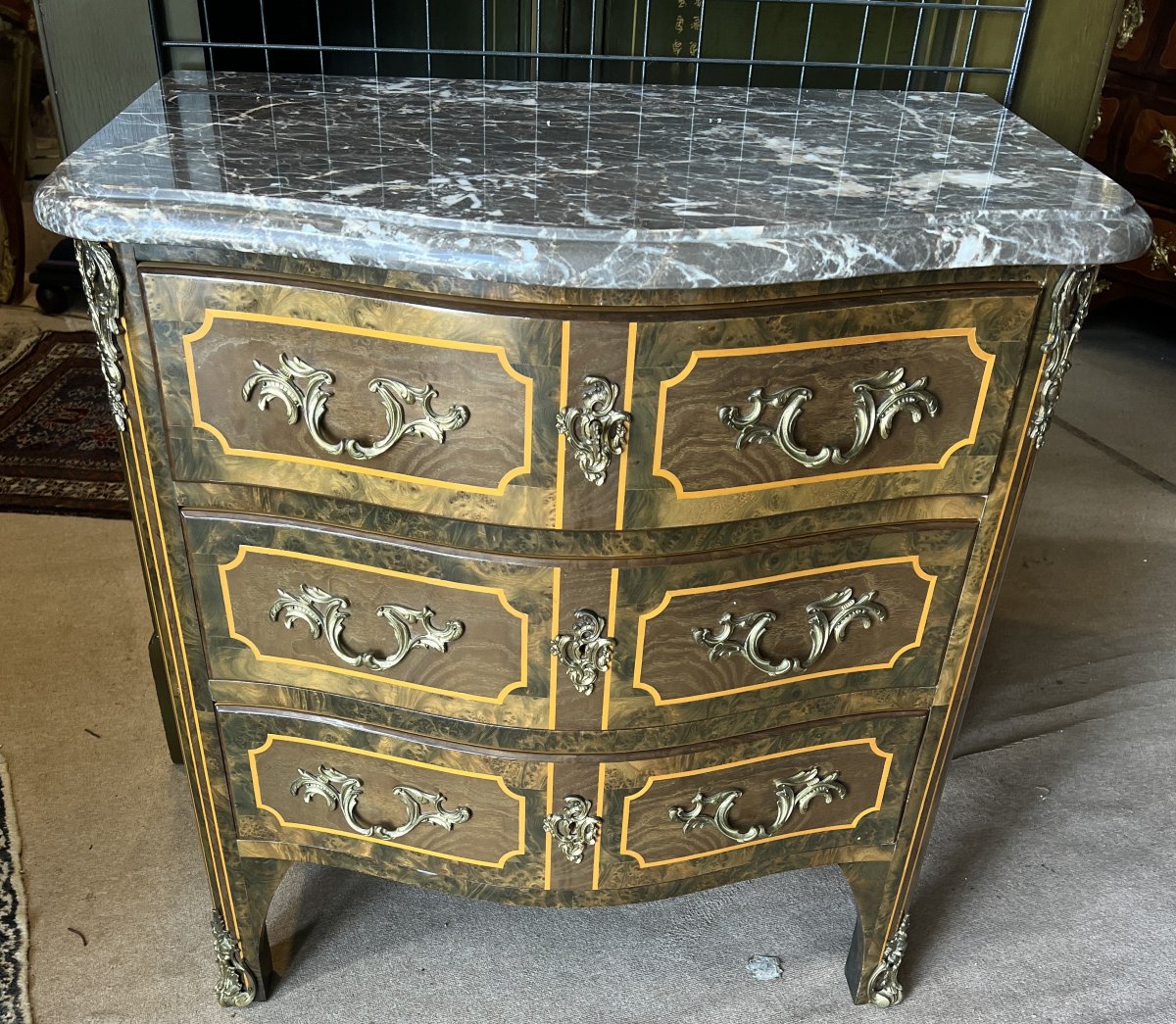 Louis XV Style Inlaid Chest Of Drawers, Marble Top-photo-4