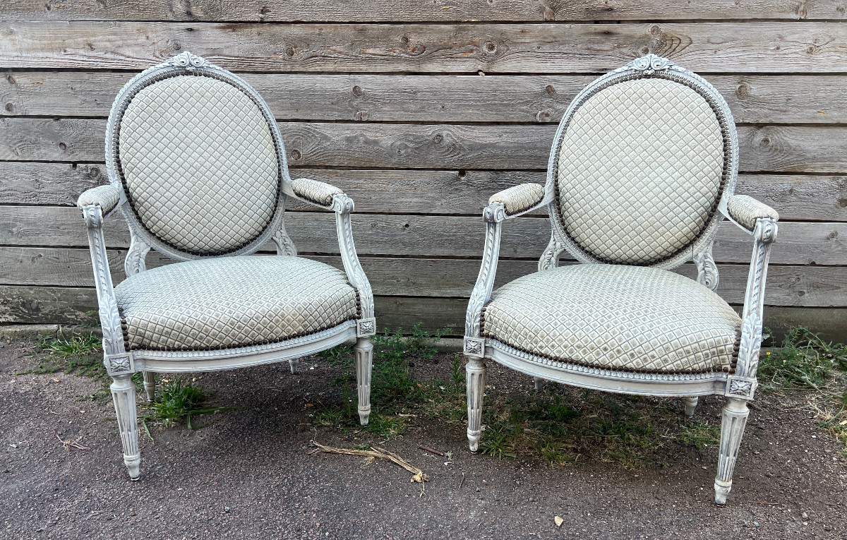 Pair Of Louis XVI Style Lacquered Armchairs