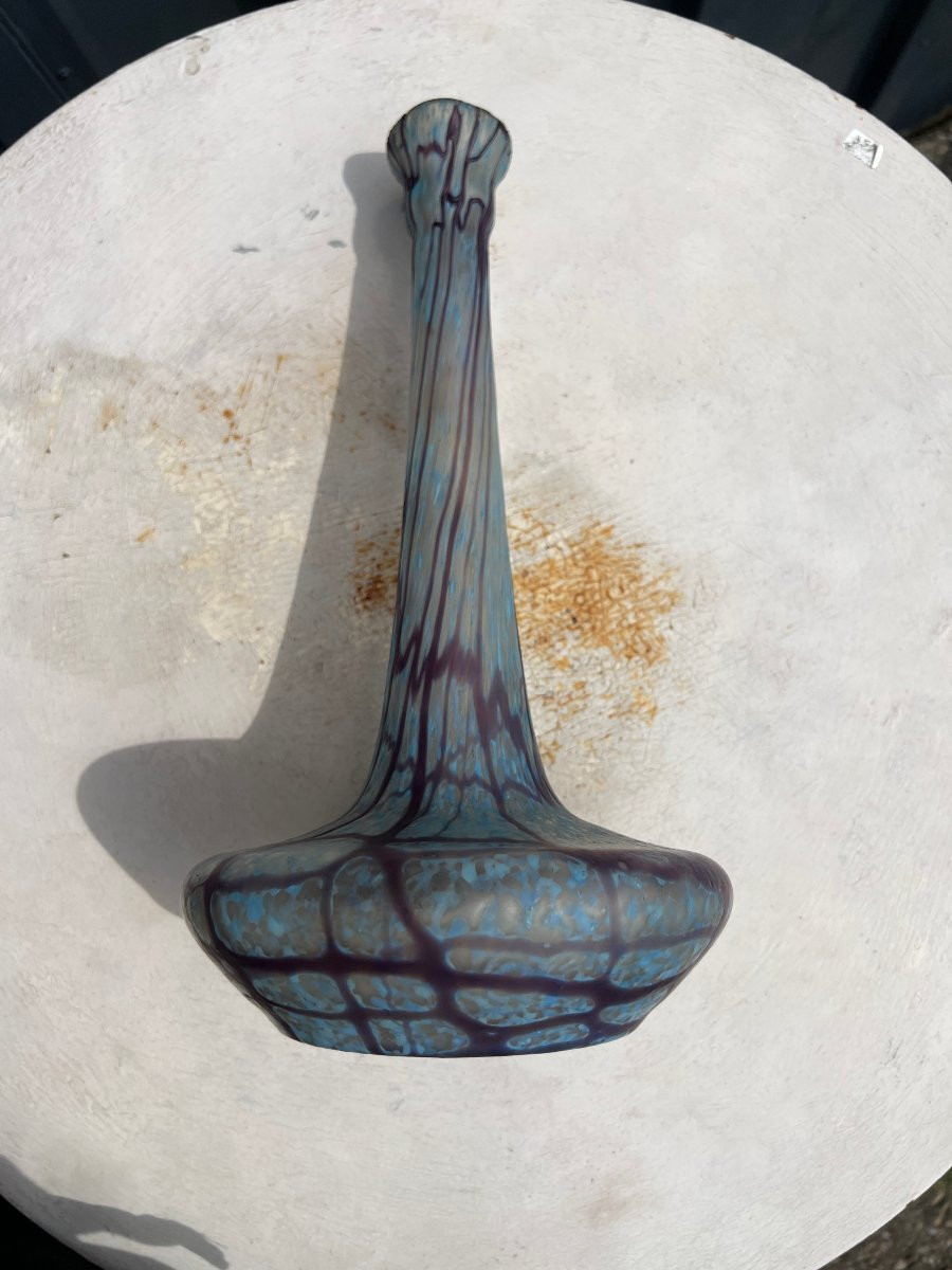 Iridescent Blown Glass Vase, Purple-blue, Attributed To Loezt Kralik-photo-6