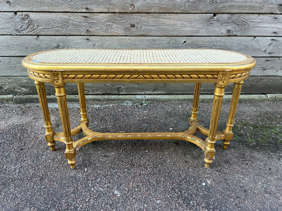 Banquette cannée de Style Louis XVI en bois doré