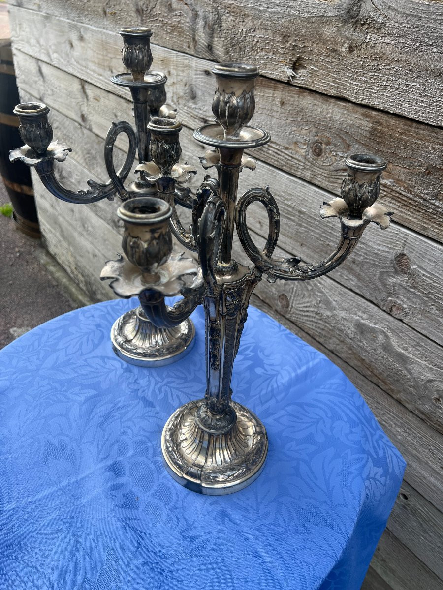 Pair Of Silvered Spelter Four-light Candlesticks-photo-2