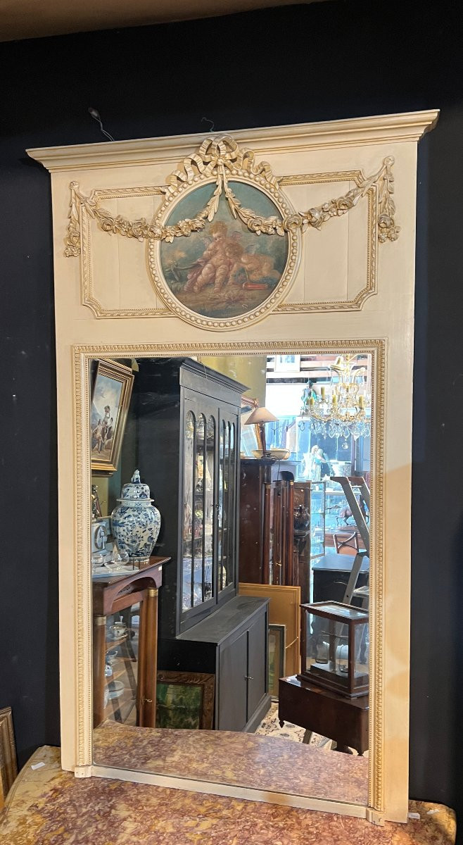 Louis XVI Style Ivory Lacquered Trumeau With Angels-photo-2