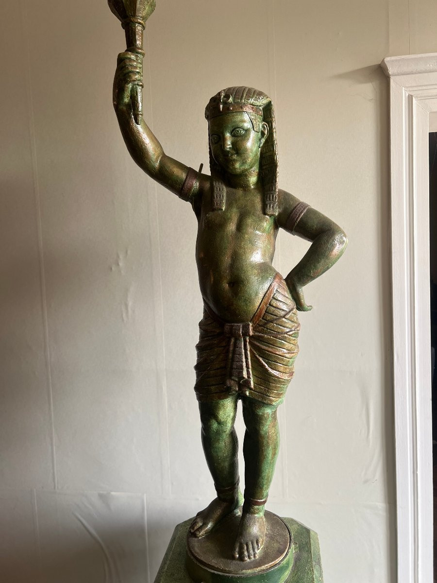 Young Egyptian Man Carrying A Cast Iron Torch On A Pedestal, Antique Green Patina-photo-2