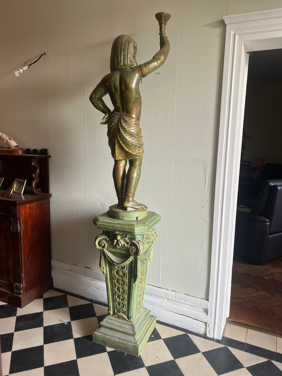 Young Egyptian Man Carrying A Cast Iron Torch On A Pedestal, Antique Green Patina-photo-4