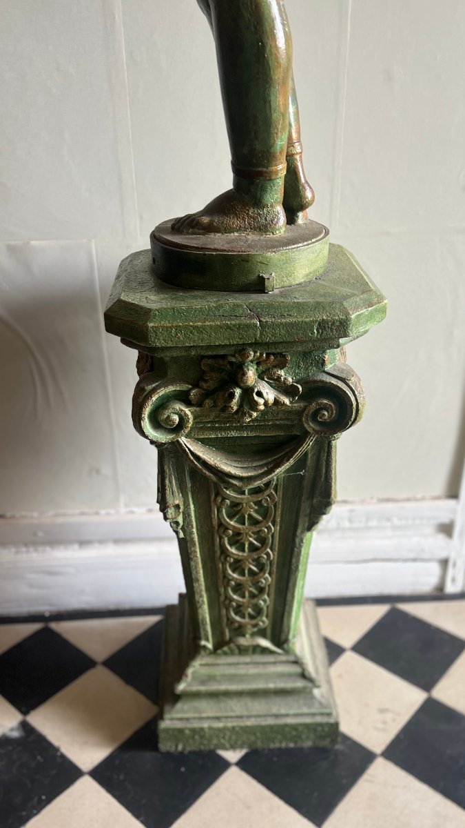 Young Egyptian Man Carrying A Cast Iron Torch On A Pedestal, Antique Green Patina-photo-6