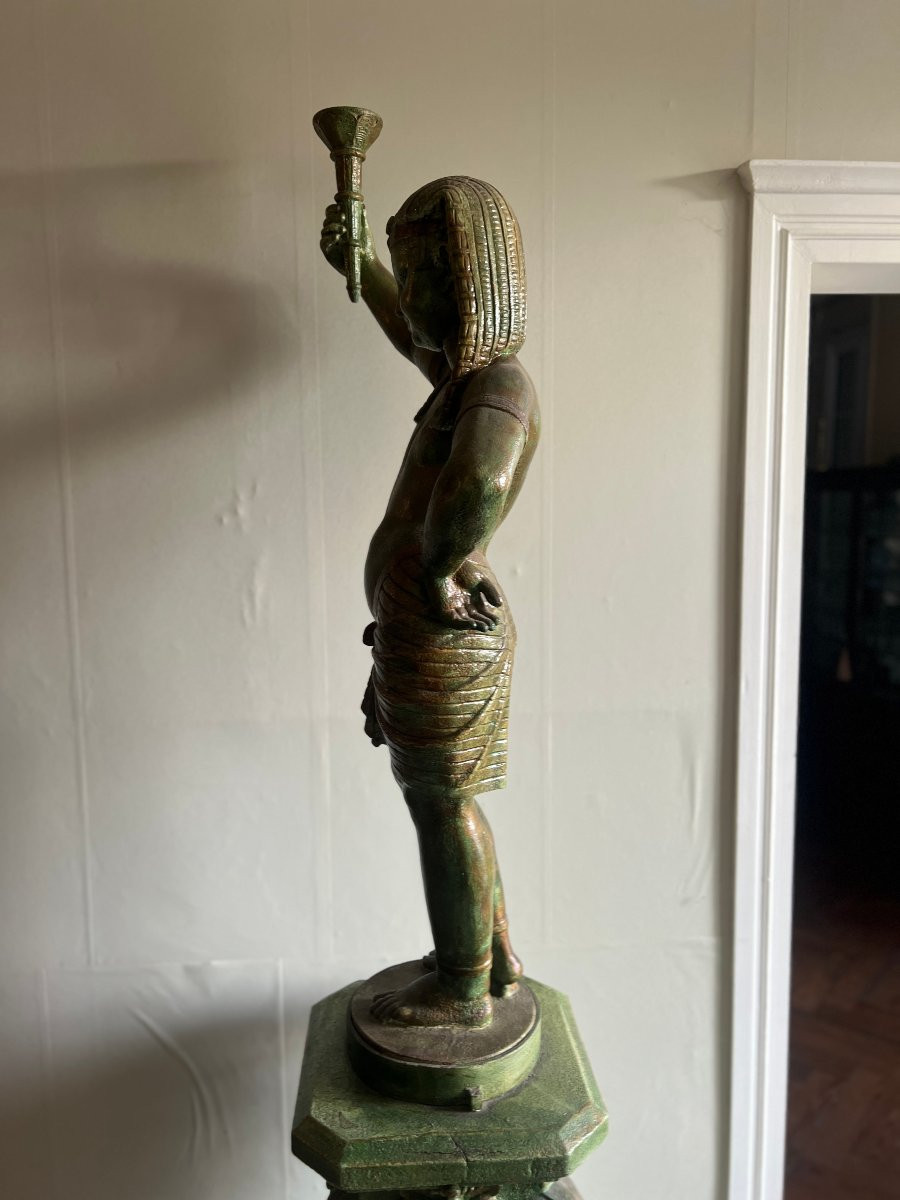 Young Egyptian Man Carrying A Cast Iron Torch On A Pedestal, Antique Green Patina-photo-7