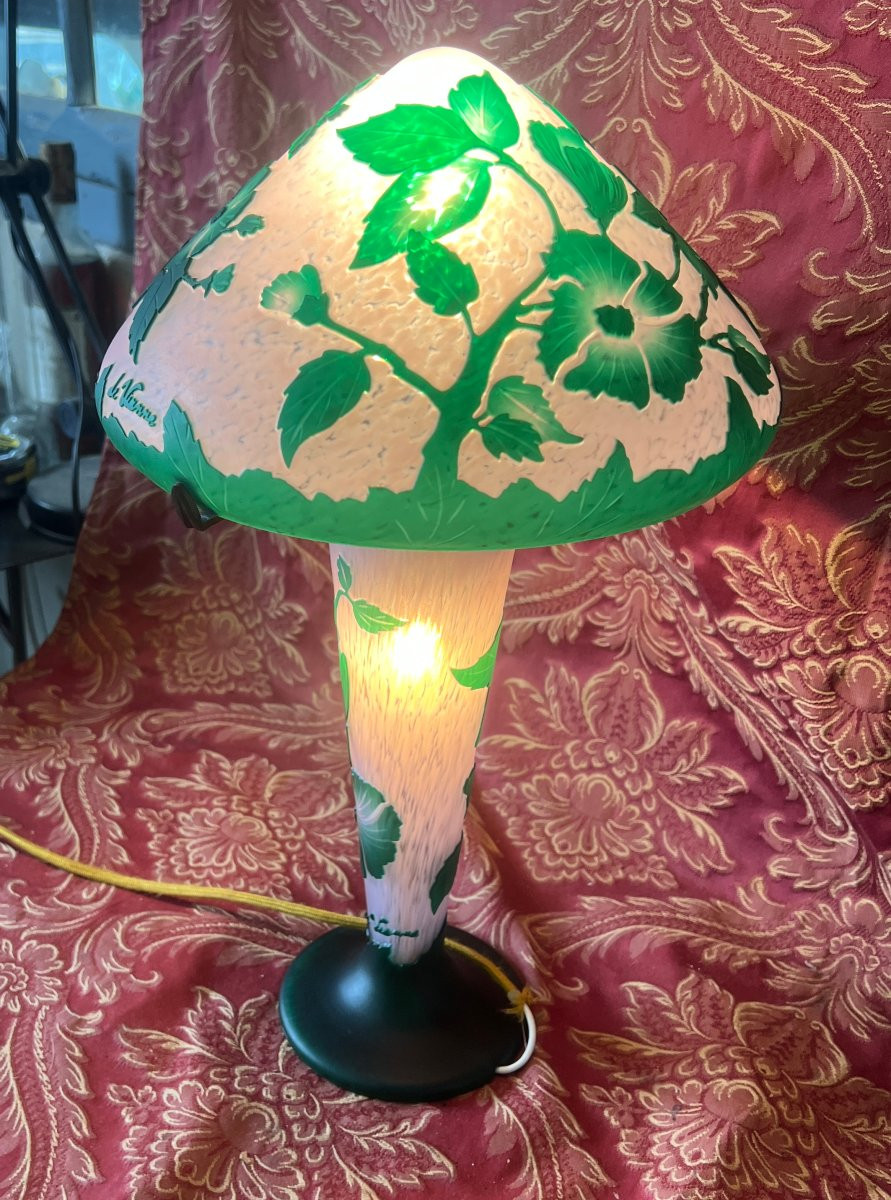 Lampe Champignon, décor floral vert dégagé à l'acide, Vianne, XX S-photo-2